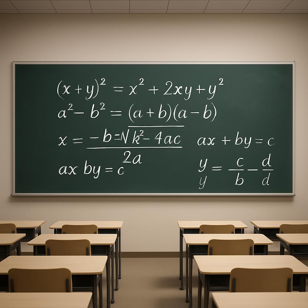 An empty classroom with a blackboard displaying a complex algebraic equation.