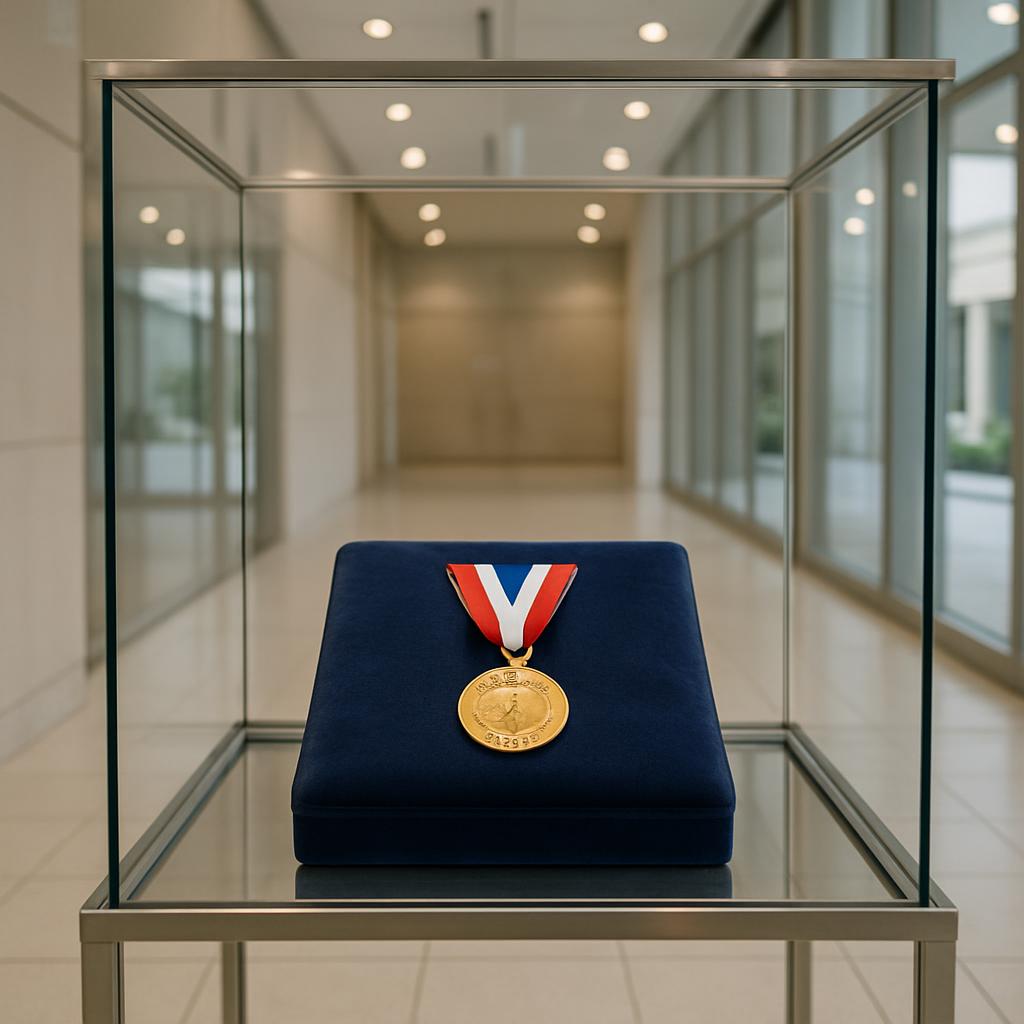 A gold medal displayed in a glass case, featuring a red, white, and blue ribbon, winner of an award.