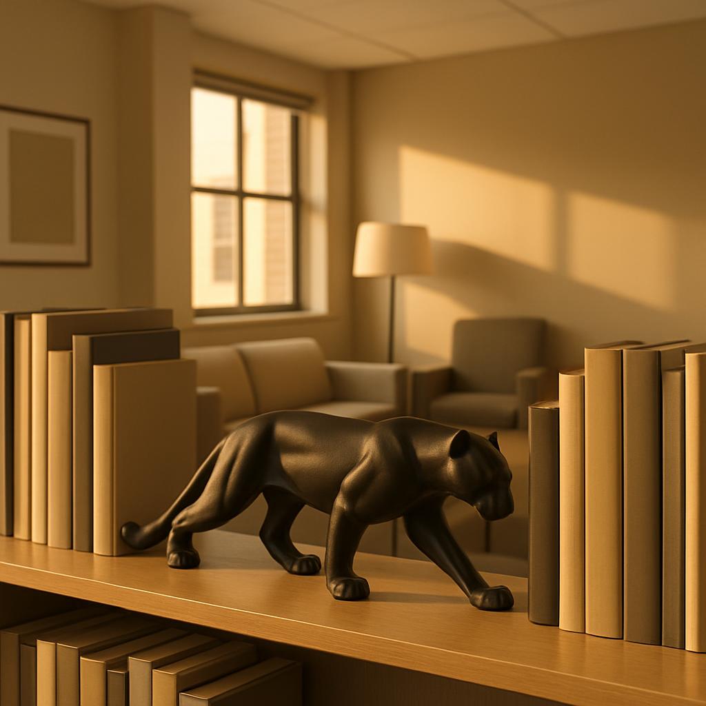 There is a decorative black panther statue on a bookshelf inside a well-lit, comfortable-looking library with beige furnit...